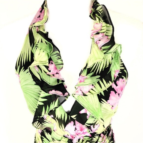 KAY UNGER Silk Tropical Floral Halter Ruffle Maxi Dress Black Green Pink… - Picture 3 of 13